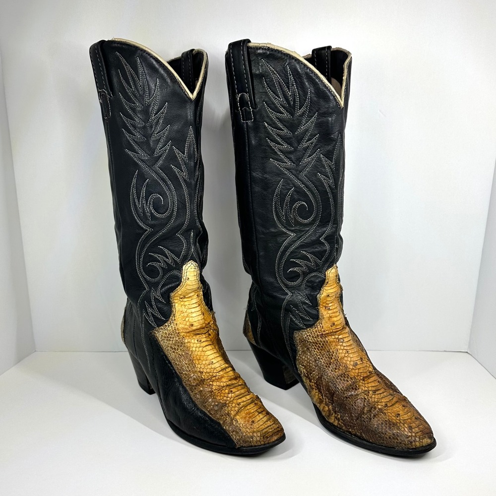 Acme Vintage Snakeskin Western Cowboy Boots Black Brown Pointed Toe Womens 7 M